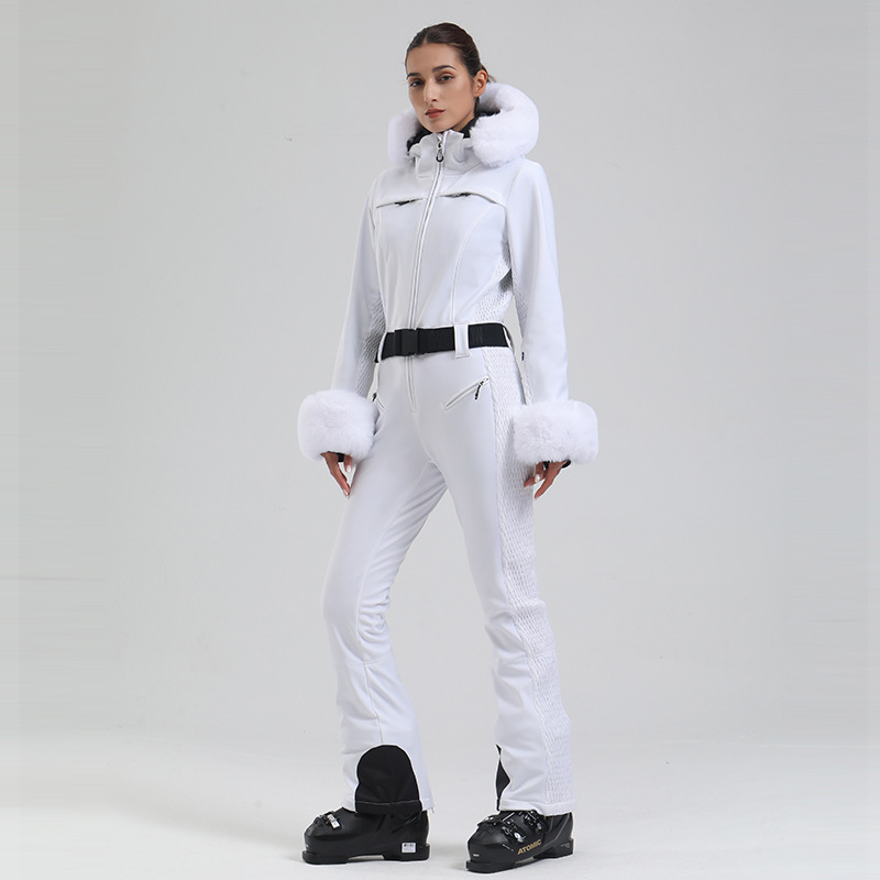 GSOU SNEEUW Skipak Dames Eendelig sneeuwpak Slanke ski-jumpsuit Nepbont Snowboard Waterdicht Winddicht Geïsoleerd Warm met capuchon