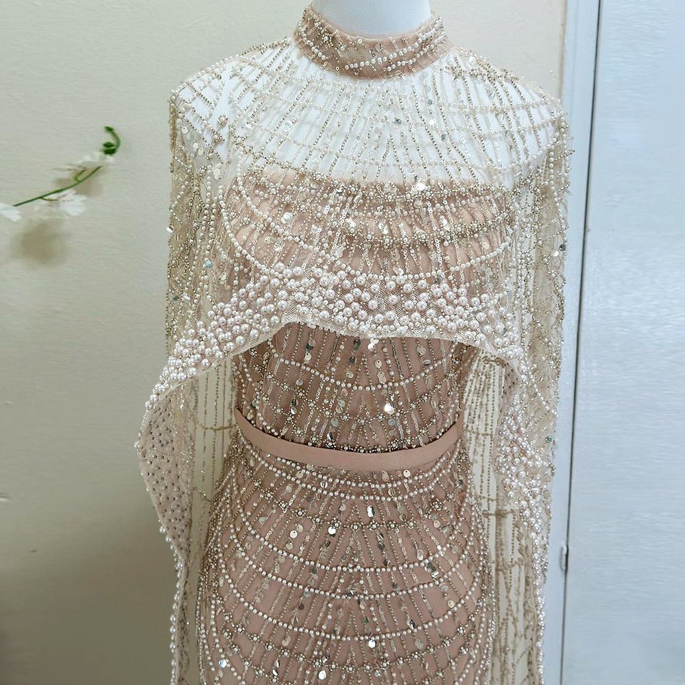 Fatapaese-パーソナライズされたキャップ付きのイブニングドレス,シャンパン,パール,ドバイ,アラビアの人魚,結婚披露宴,有名なウエディング,豪華な真珠