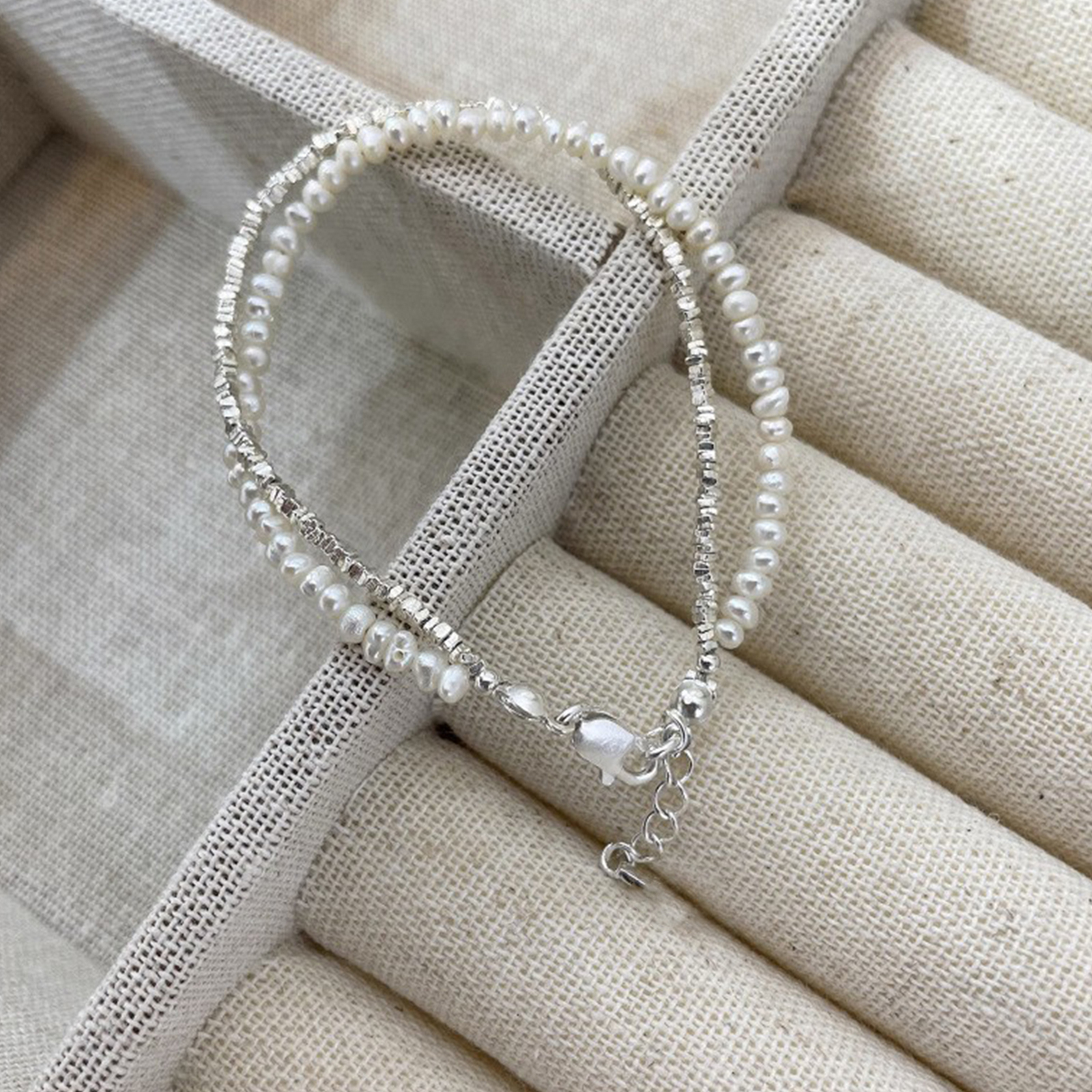 Pulseira de pérola de camada dupla de prata 925 para mulheres e meninas com design de joias de contas