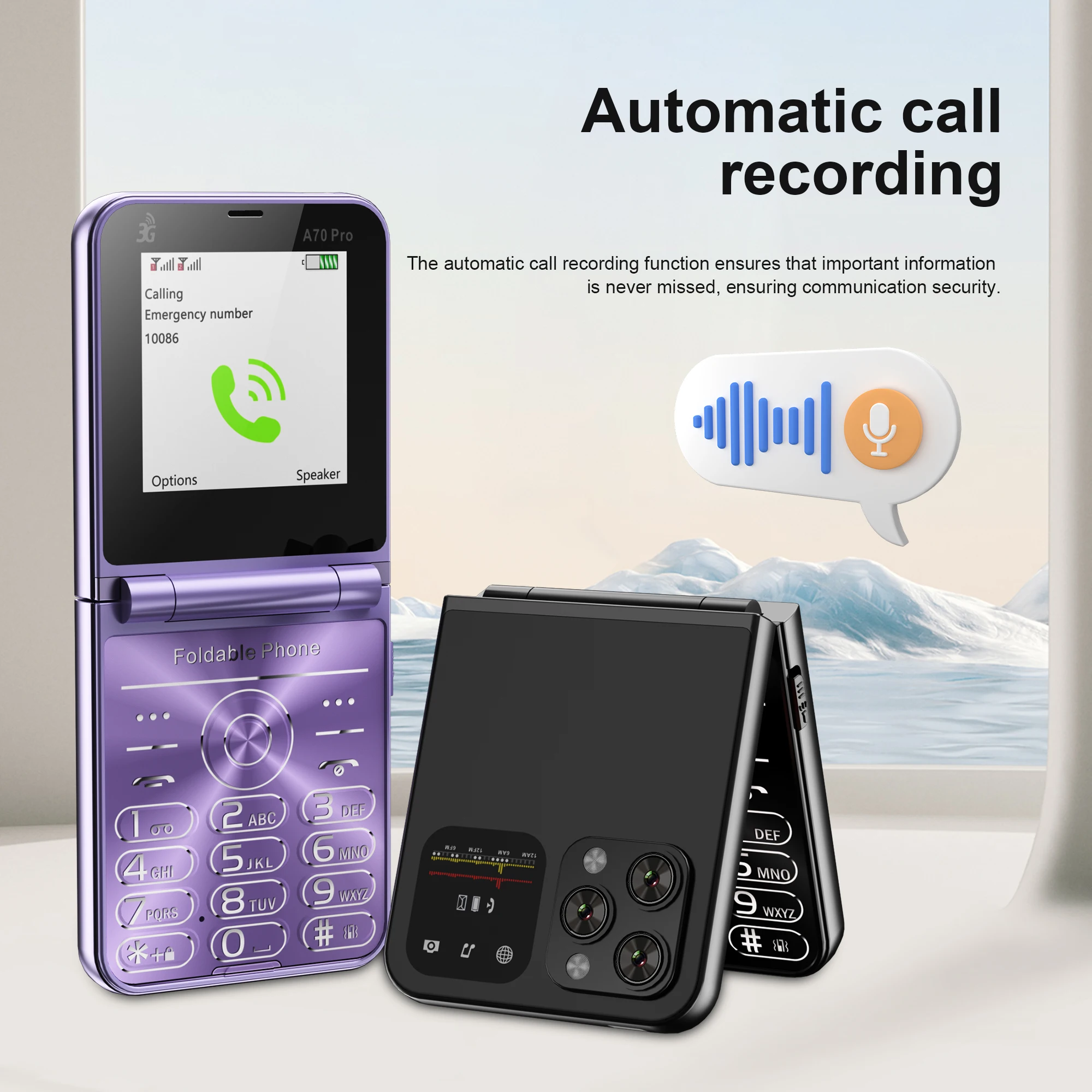SERVO A70 Pro 3G Netwerk Opvouwbare telefoon Snelheidsknop Oproepopname FM-radio Zaklamp Sleutel 2,6 "Scherm Flip-telefoons 2 SIM Stand-by