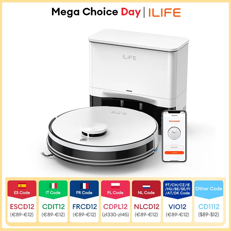 ILIFE A30 PRO 5000Pa aspirazione, Robot aspirapolvere e Mop Combo, autosvuotamento, capacità di 60 giorni, App/telecomando, tempo di funzionamento di 180 minuti
