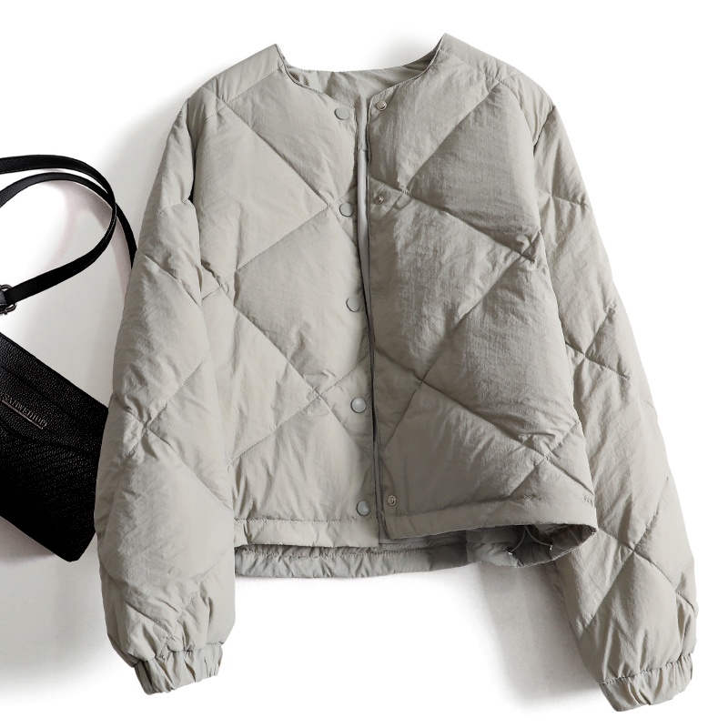 軽量ショートピュアカラーダイヤモンドパターンダウンコットンジャケットラウンドネックカジュアル冬アウターパンコートスタイリッシュな通勤