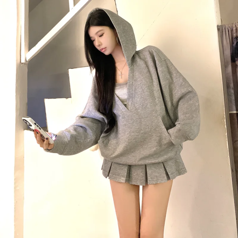 Jersey informal con capucha para mujer, Top Y2K con cuello en V, sudaderas con capucha lisas Harajuku de manga larga, Tops de gran tamaño, ropa holgada para mujer