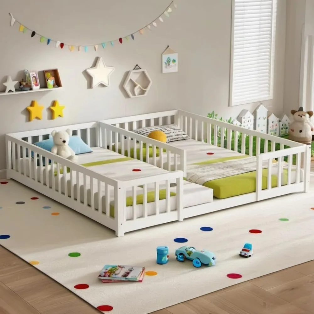 Size Double Frame Floor Bed with Fence, Montessori Floor Bed w/Safety Guardrails for Girls, Boys, No Box Spring Needed, White