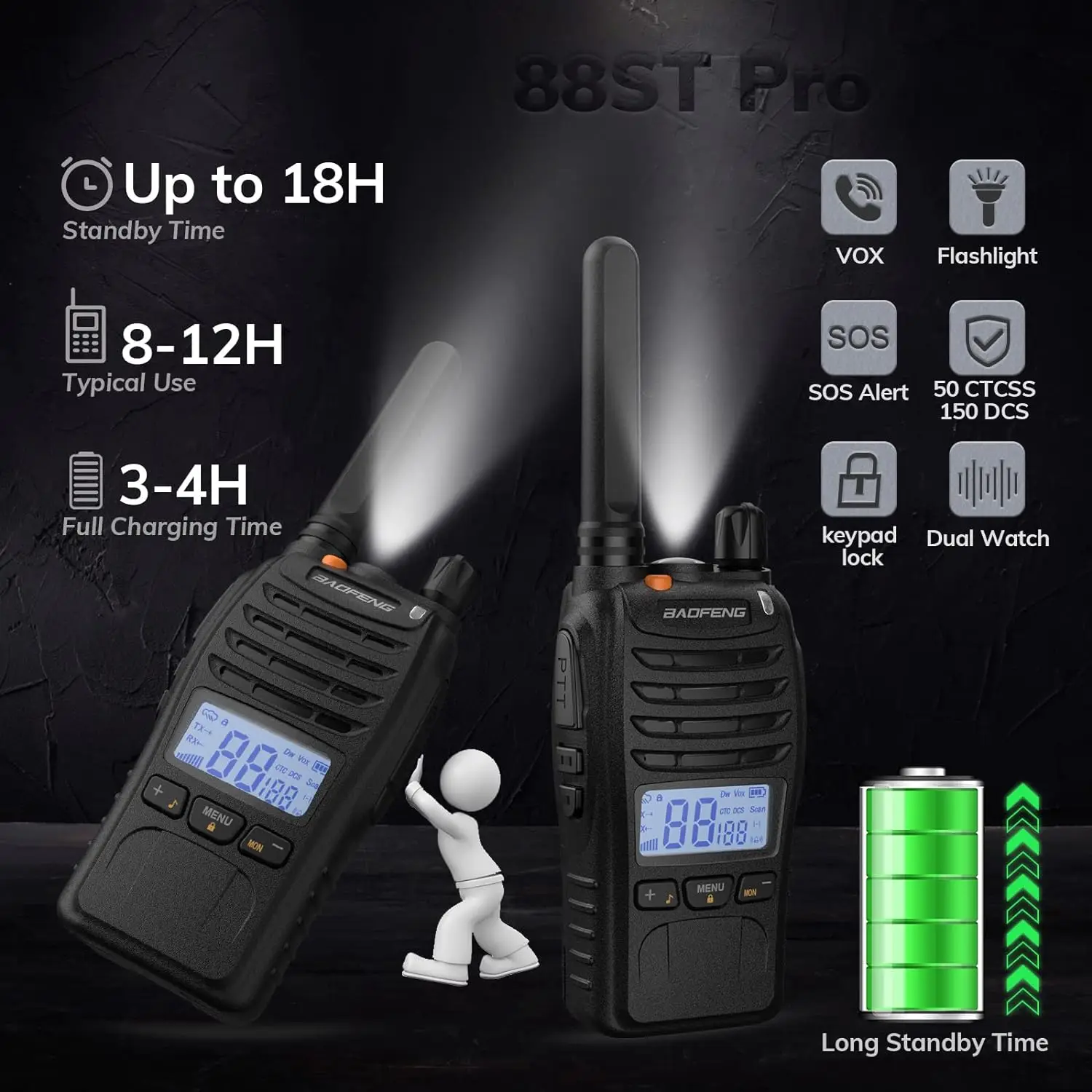 Baofeng BF-88ST pro walkie talkie, verbesserte wiederauf ladbare lizenz freie pmr446 Funkgeräte mit lcd-display, 4er Pack
