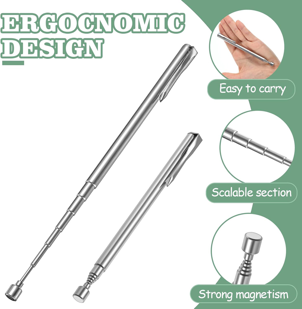 Portable Magnetic Pickup Telescopic Rotatable Silver Magnetic Pickup Rod with Retractable Pen Clip Magnet Suction Rod Hand Tool