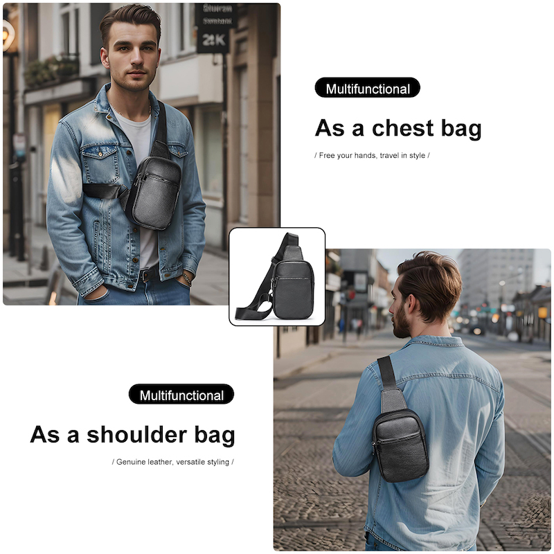 Bolsa de peito masculina de couro genuíno, pequena bolsa crossbody com 3 bolsos frontais para viagem, esportes, moto, casual, festa, escritório