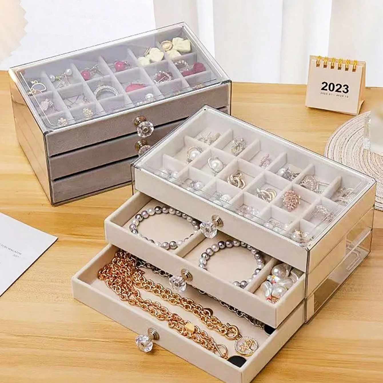 1PC 3-layer transparent plastic and velvet drawer jewelry storage box elegant crystal-shaped handle display table