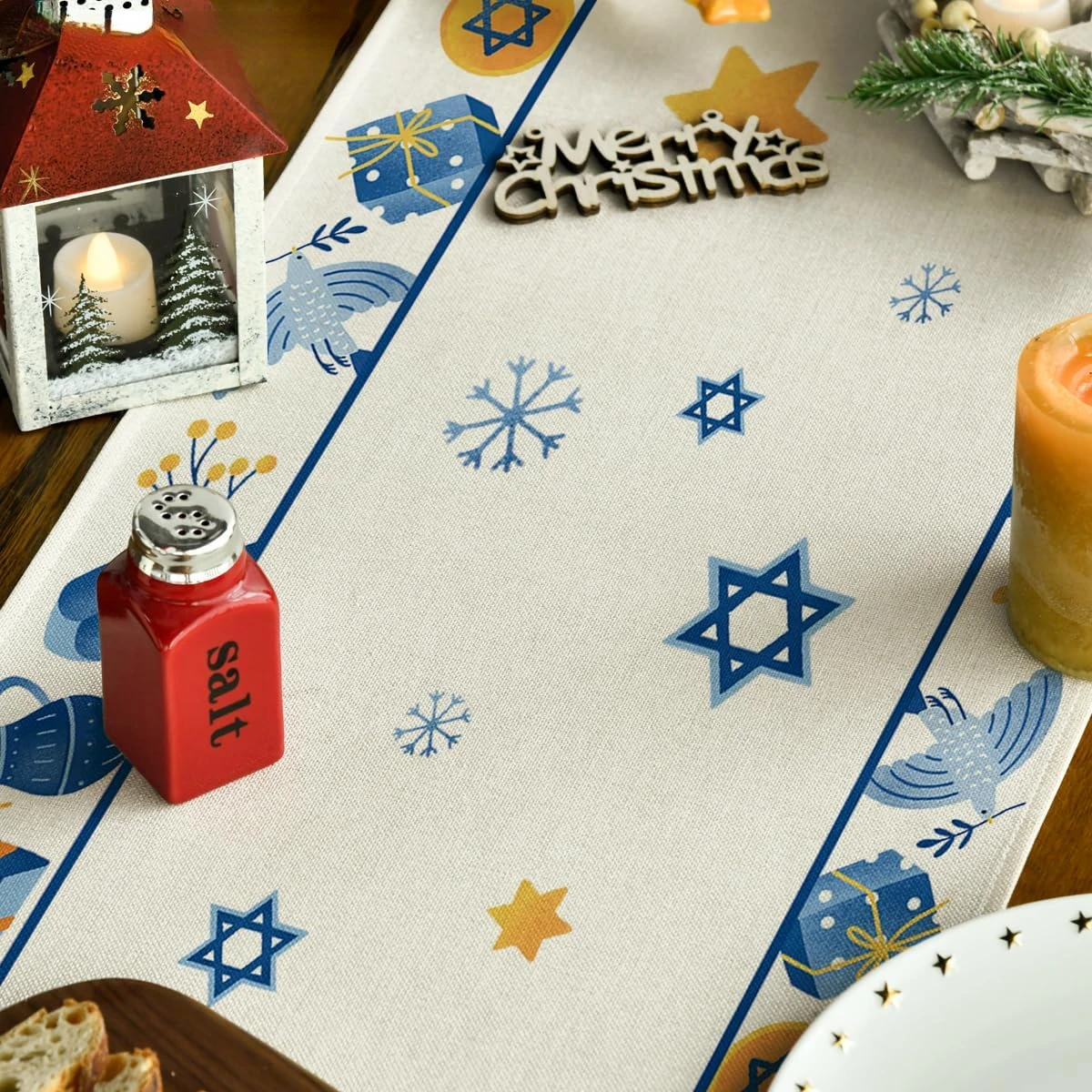 Camino de mesa de lino Happy Hanukkah Menorah, bufandas de tocador, camino de mesa de comedor de cocina Chanukah reutilizable, decoración para fiestas navideñas