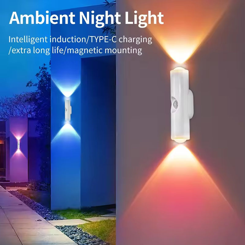 LED Night Light with Motion Sensor Double-head Magnetic Wall Lamp Rechargeable RGB/3-Color Adjustable for Cabinet Hallway Stair