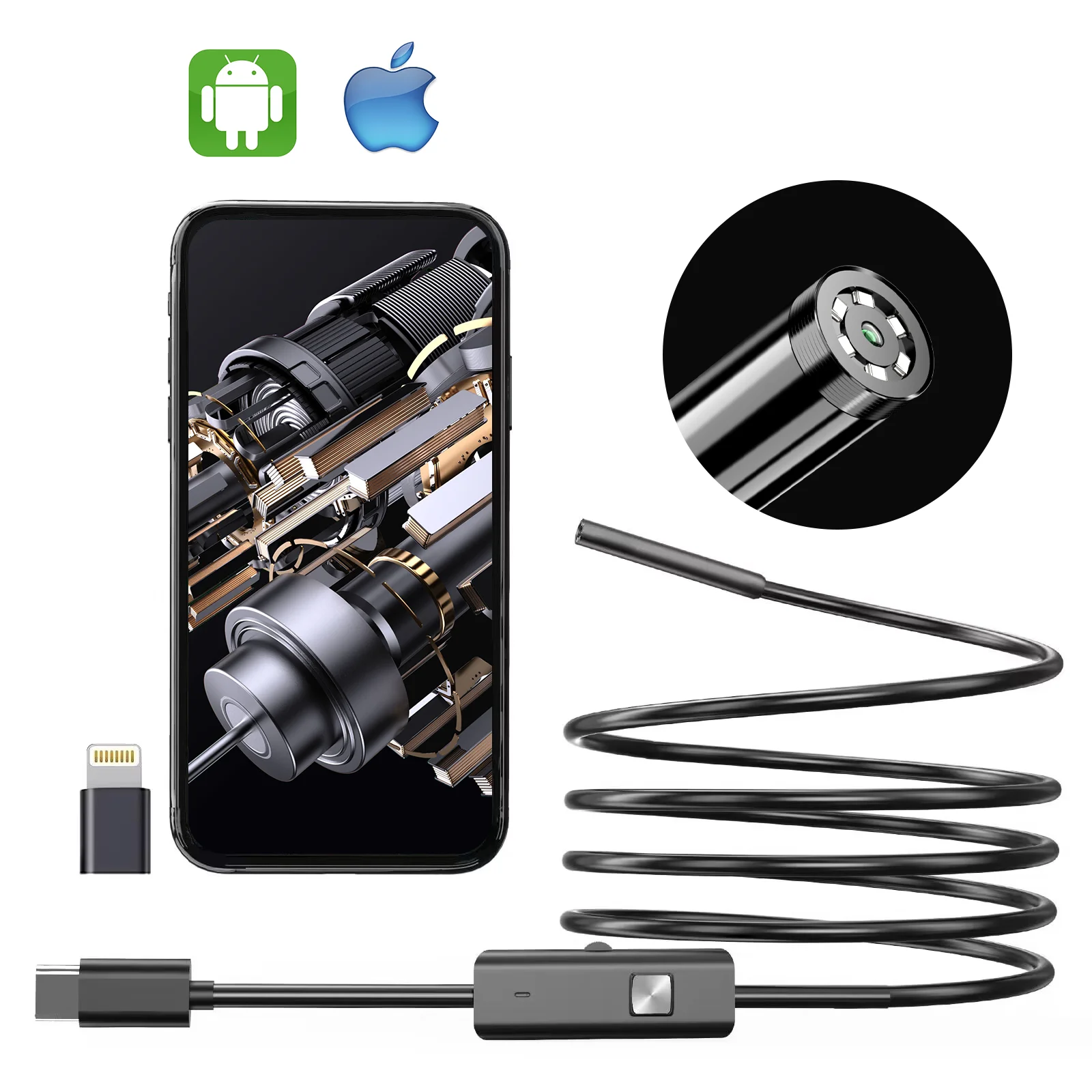 Câmera endoscópica 3 em 1, 1080p, hd, boroscópio com 8 luzes led, 8mm, ip67, à prova d'água, câmera de inspeção para ios, android, samsung