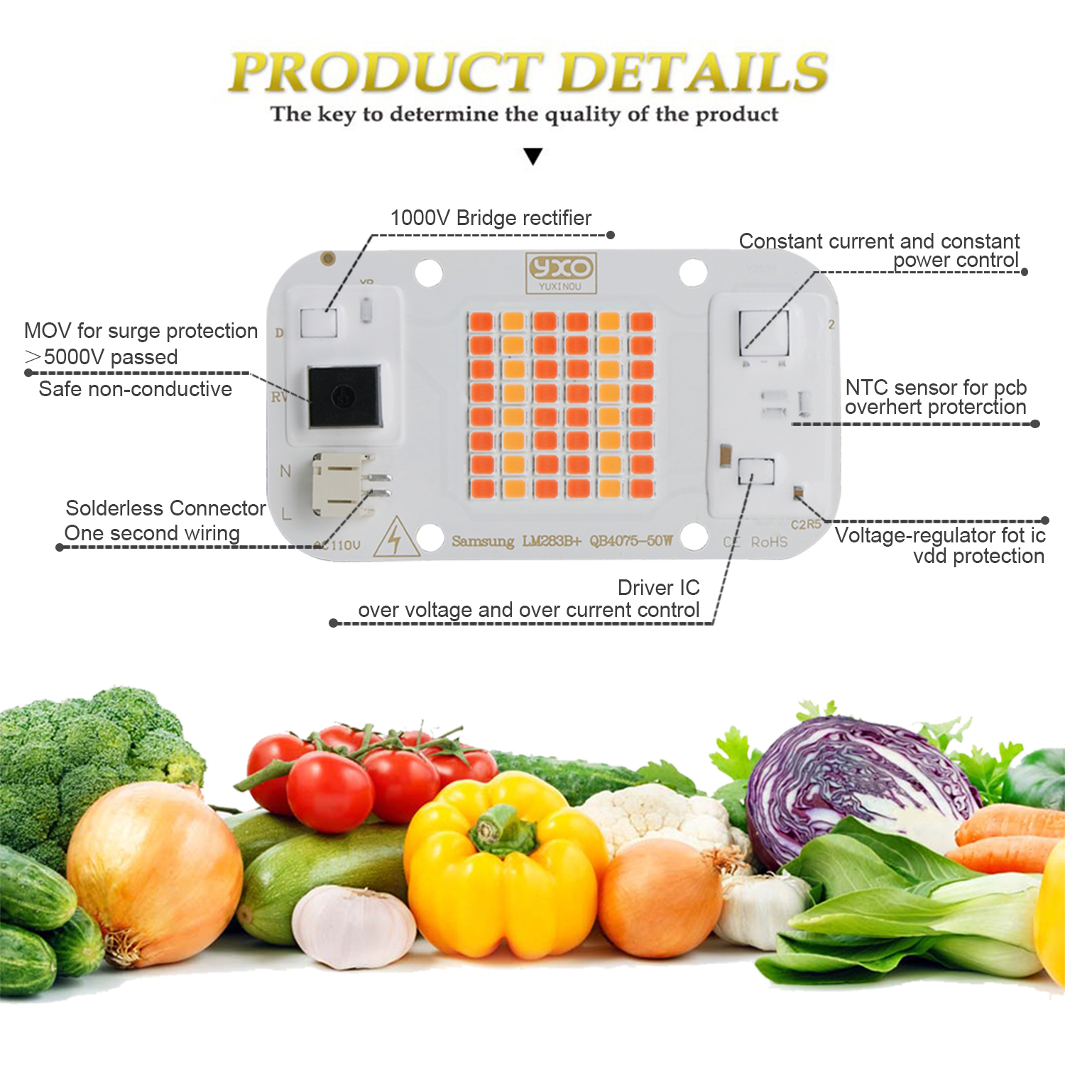 Hydroponice LED COB lamp Bead Driverless AC 220V 50W LED Grow DOB Chip For DIY Plant Grow Light Seed Grow Flower LED Light Bulb