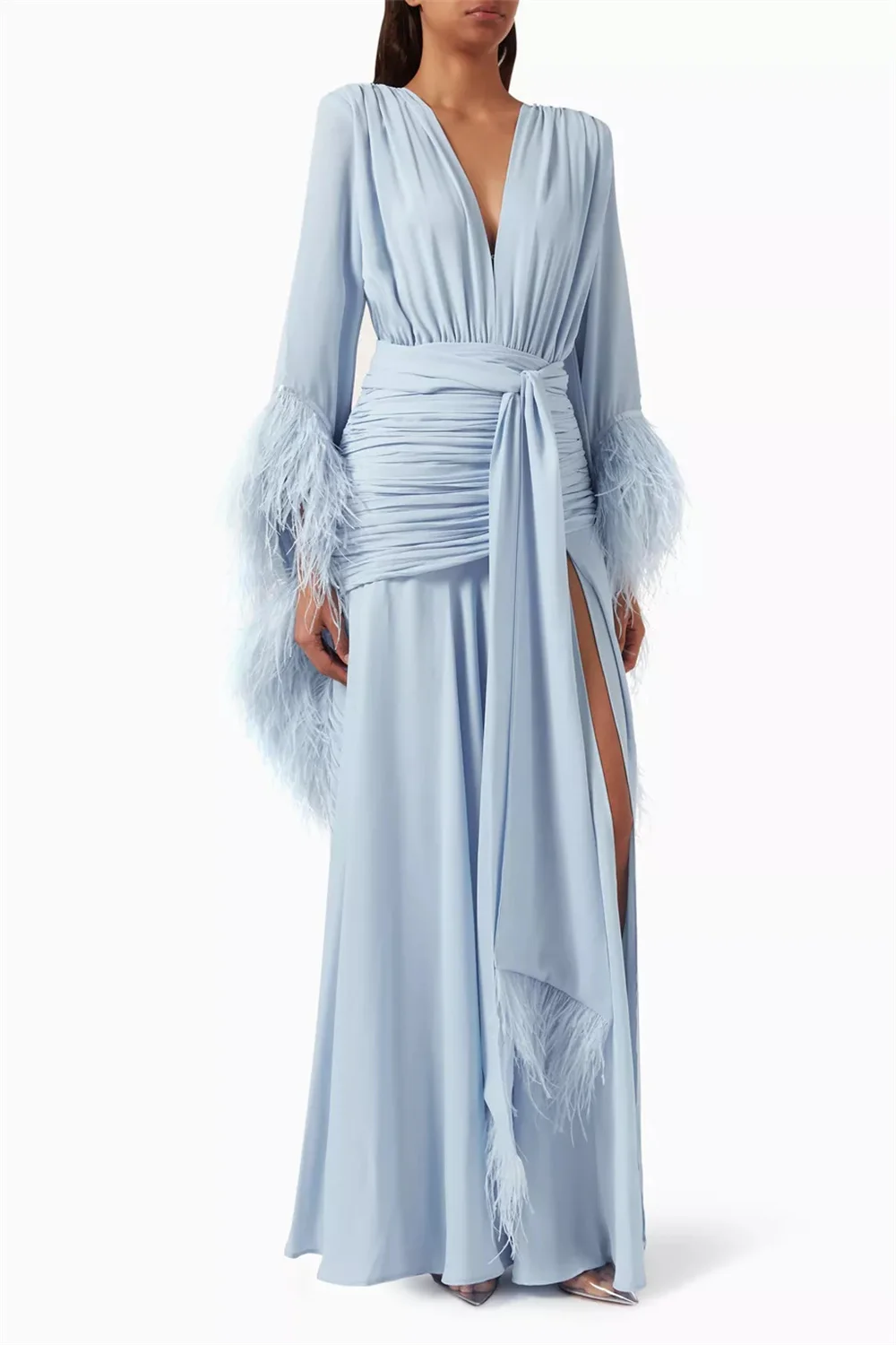 Sansa Customized V-neck Side High Slit A-line Prom Dresses Long Sleeve Elegant Evening Dresses Cascading Ruffle Party Dresses