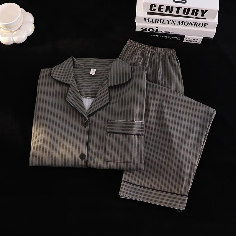 Conjunto de Pijamas de Casal t 2024 em Aodão com Manga Longa para Mulheres, Estilo Simples, Calças Longas para Homen...