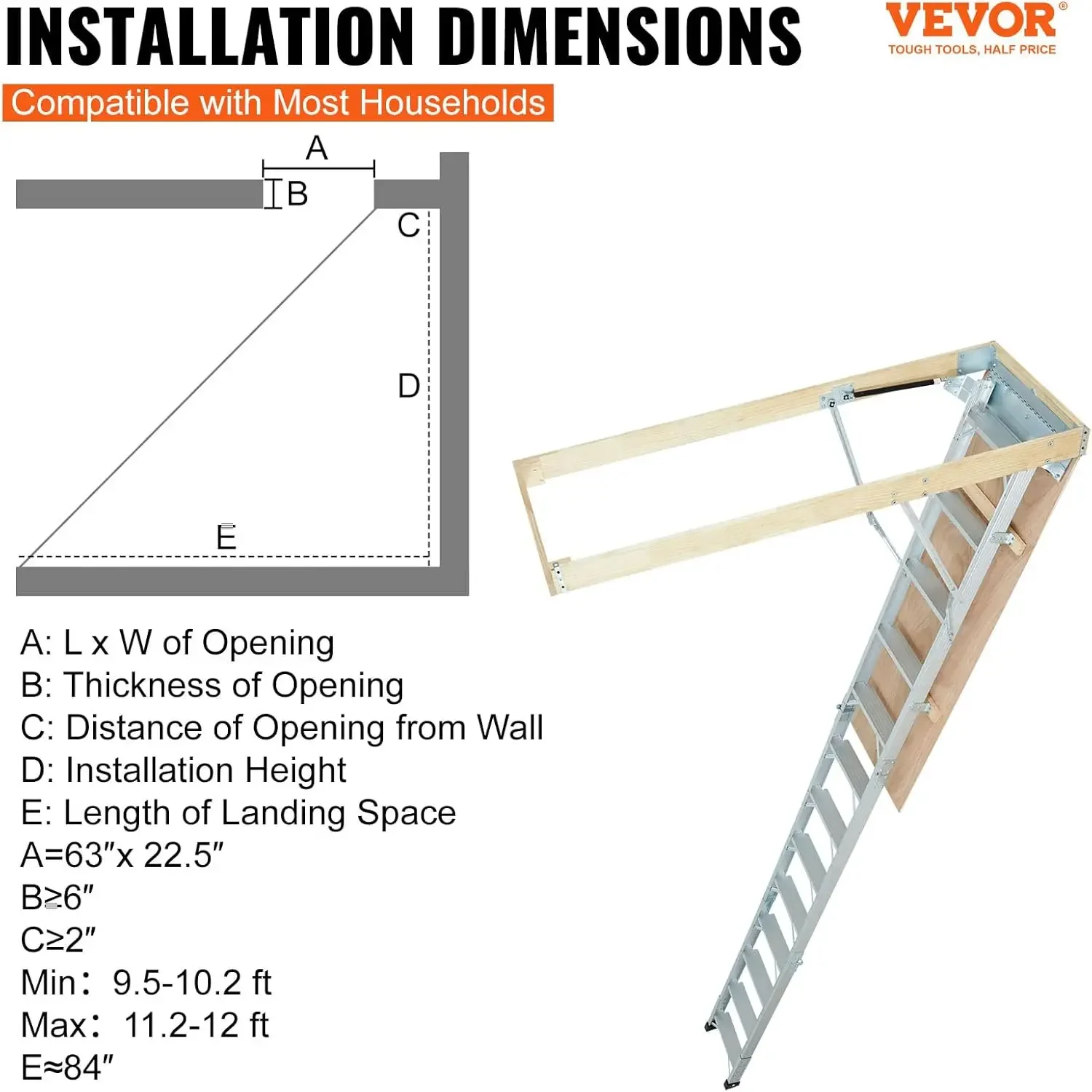 Attic Ladder Foldable, 350-pound Capacity, 22.5" x 63", Multi-Purpose Aluminium Extension, Lightweight and Portable