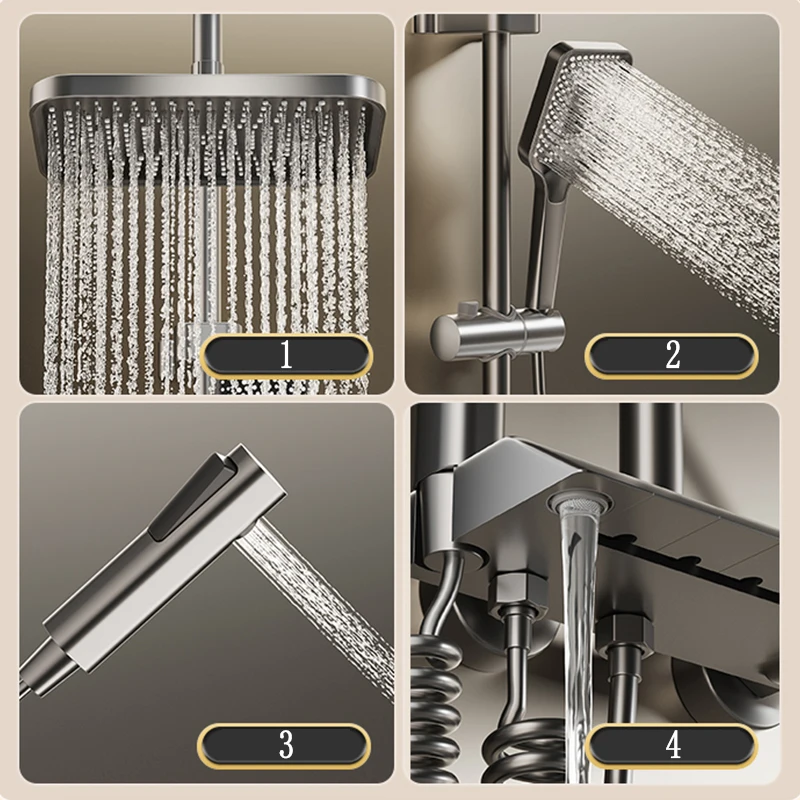 Juego completo de ducha de baño, Sistema de ducha de bañera negro, blanco y gris, juegos de ducha LED digitales presurizados con lluvia, grifo de ducha frío y caliente Top 1 juego de ducha de cobre de 4 vías