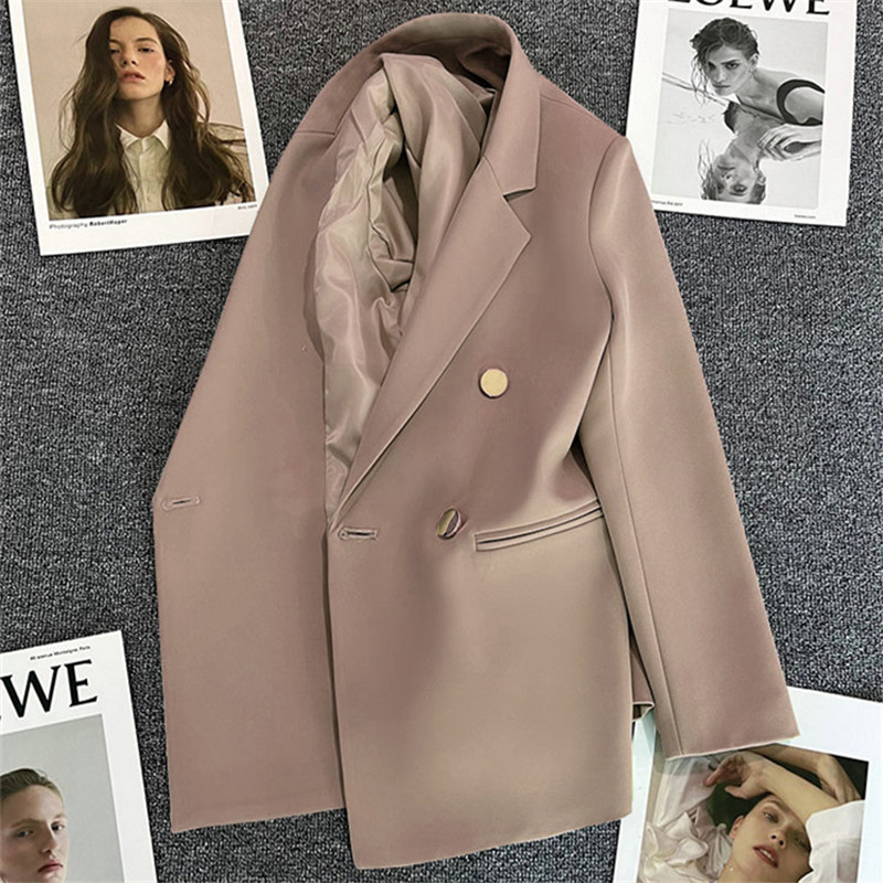 Chique blazer mulher outono primavera manga longa duplo briefsed lapela solto casaco fino jaquetas casuais senhoras do escritório vintage blazers