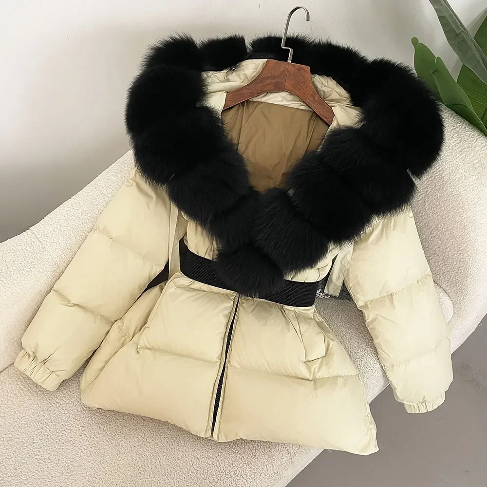 ファッション 2024 冬のジャケットの女性リアルナチュラルキツネの毛皮の襟フード付き厚く暖かい 90% ホワイトダックダウンコート女性ストリートカジュアル