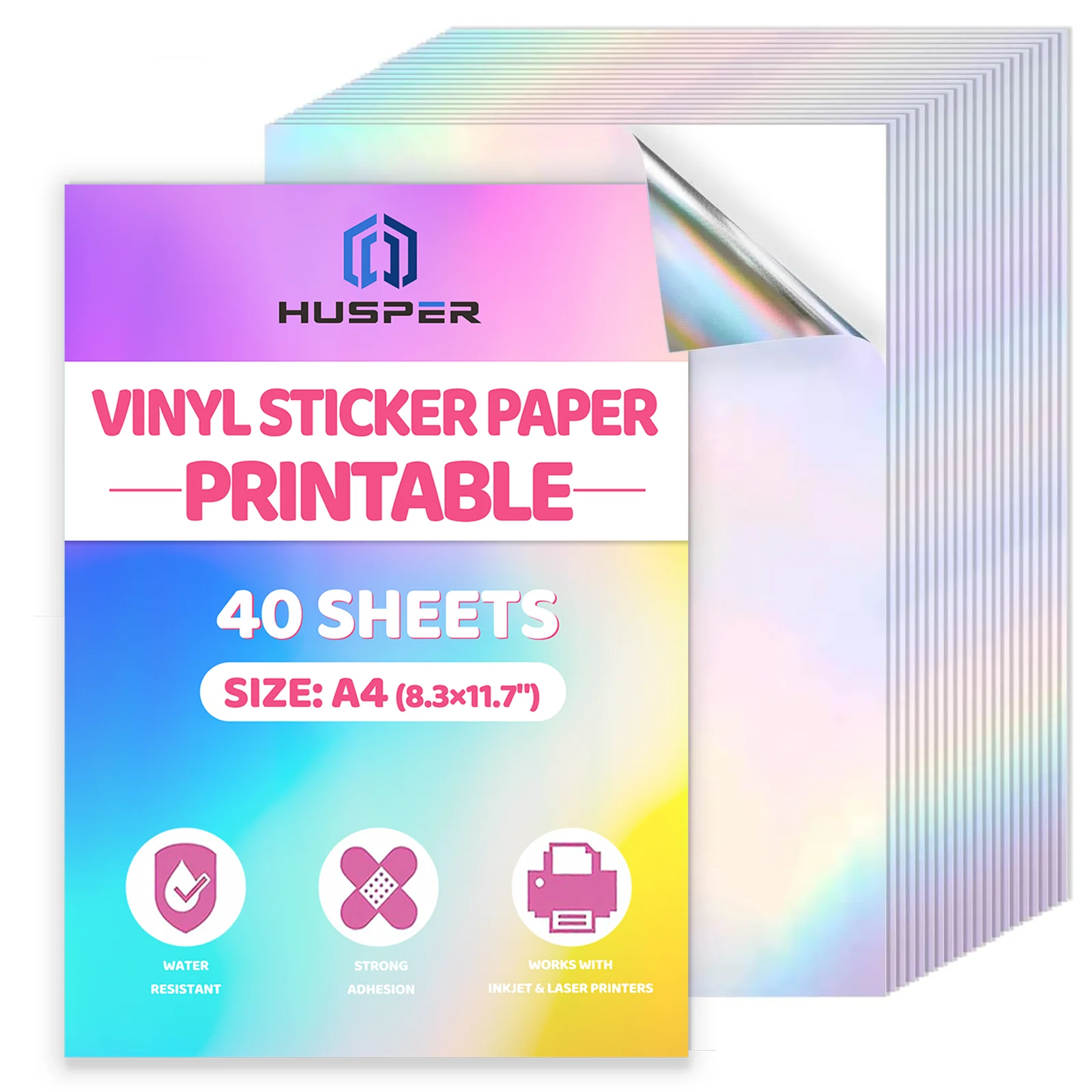 Papier autocollant en vinyle arc-en-ciel holographique A4, 40 feuilles de papier auto-adhésif imperméable imprimable pour impression à jet d'encre