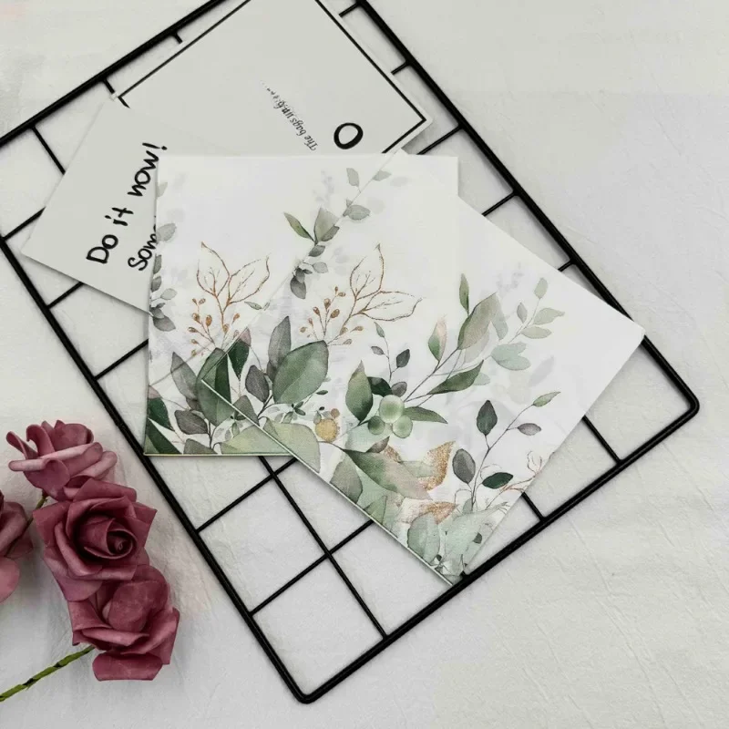 20pcs 2겹 다채로운 인쇄 냅킨 숲 녹색 잎 호텔 레스토랑 테이블 장식 와인 유리 꽃 종이 Placemats