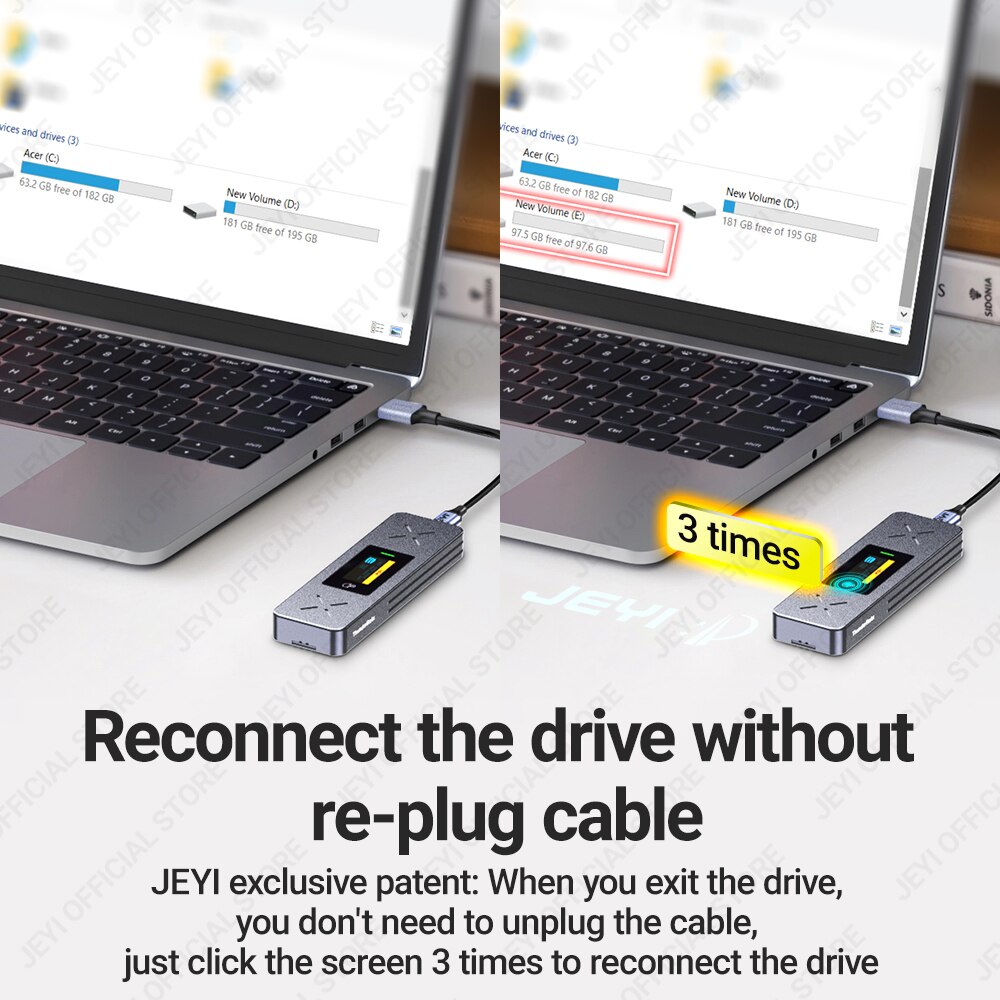 JEYI Visual Smart M.2 NVMe / SATA SSD Gabinete, USB 3.2 Gen 2 10 Gbps, Adaptador Externo M2 Suporte M-Key B + M Chave UASP Trim