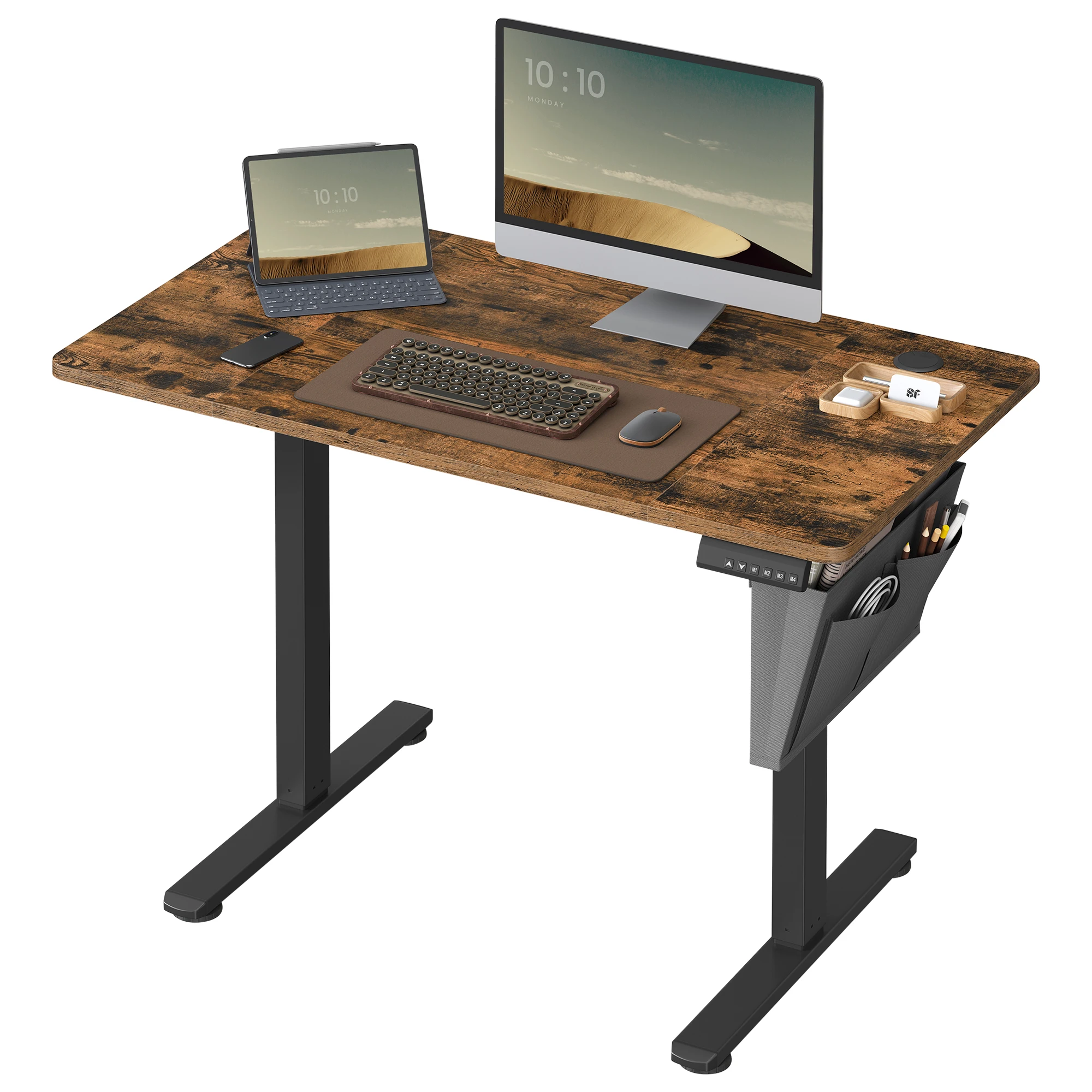 Elektrisch sta-bureau, in hoogte verstelbaar bureau, 60 x 110 x (72-120) cm, 4 geheugenhoogtes, opbergvak