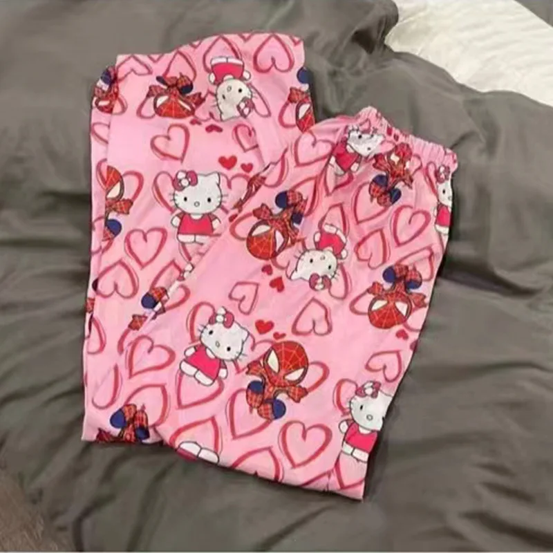 Pantaloni da notte in flanella di gatto dei cartoni animati per le donne in autunno e inverno, nuovi pantaloni da casa casual caldi in pile corallo ispessito e flanella