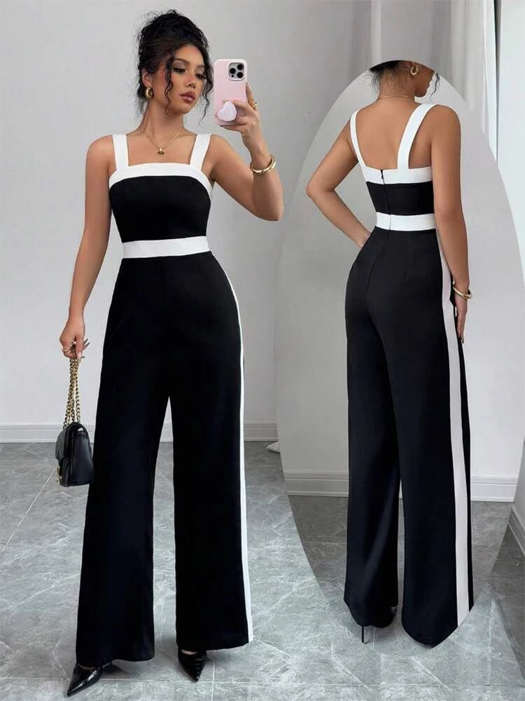Schwarz-weißer Damen-Overall mit quadratischem Ausschnitt und Kontrastbesatz, ideal für Abendveranstaltungen, Partys, elegante Stile