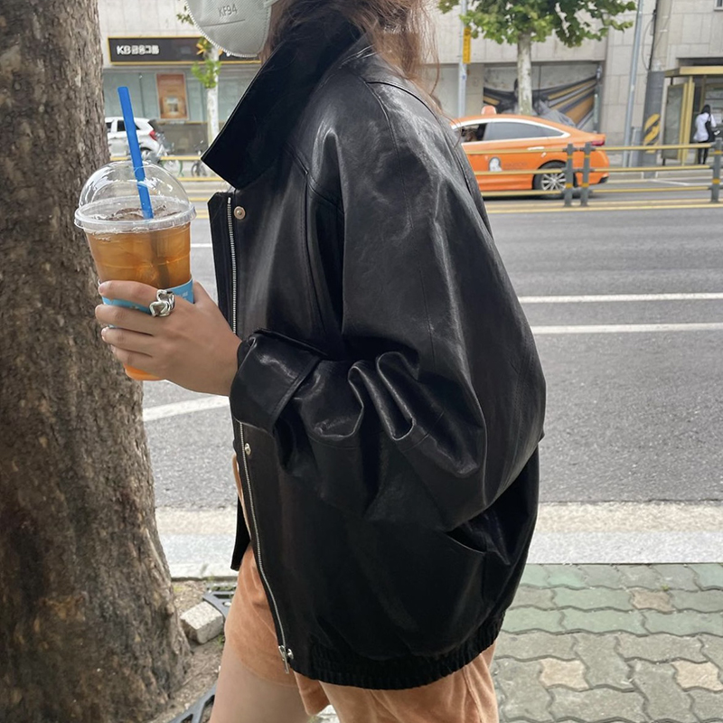 Ethos Slimming Black Biker Loose PU Short Leather Jacket Women's 2024 New Sle Commute Loose Fit Synthetic Leather Zipper