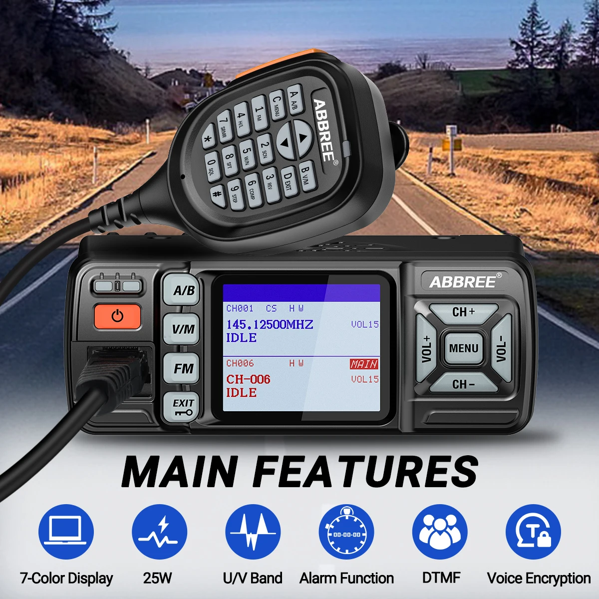 ABBREE AR-318 Mini-Mobilfunkgerät, 25 W, U/V-Band, große Reichweite, Dual-Modus-Uhr, DTMF, Sprachverschlüsselung, Auto-Walkie-Talkie