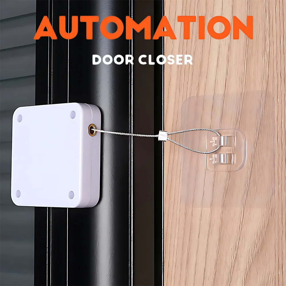Black White Door Closer Automatic Sensor Bold Drawstring Shutdown Device Non Punching Telescopic Sliding Door Close Device