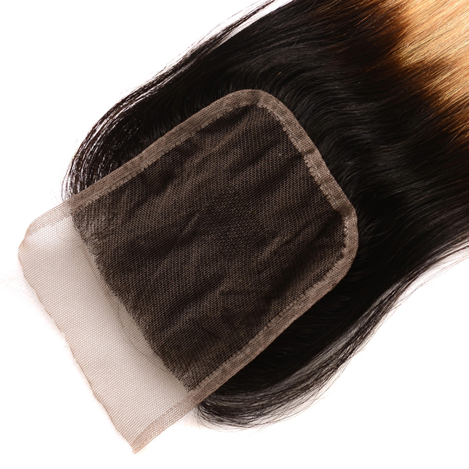 ハニーブロンドブラジリアンストレート人間の髪の毛、オンブルオレンジクロージャー、事前摘み取り、スイスレースクロージャー、10-18、4x4、10-18、クリアランスセール