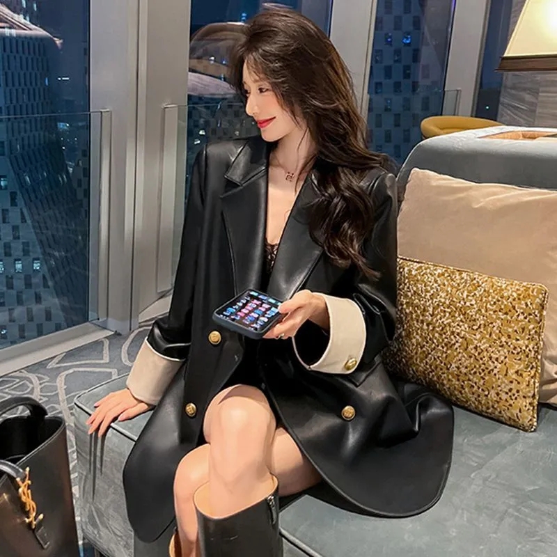 Jaqueta de couro pu preta de alta qualidade para mulheres 2024 primavera e outono versão coreana solta design casual cor bloqueada terno top