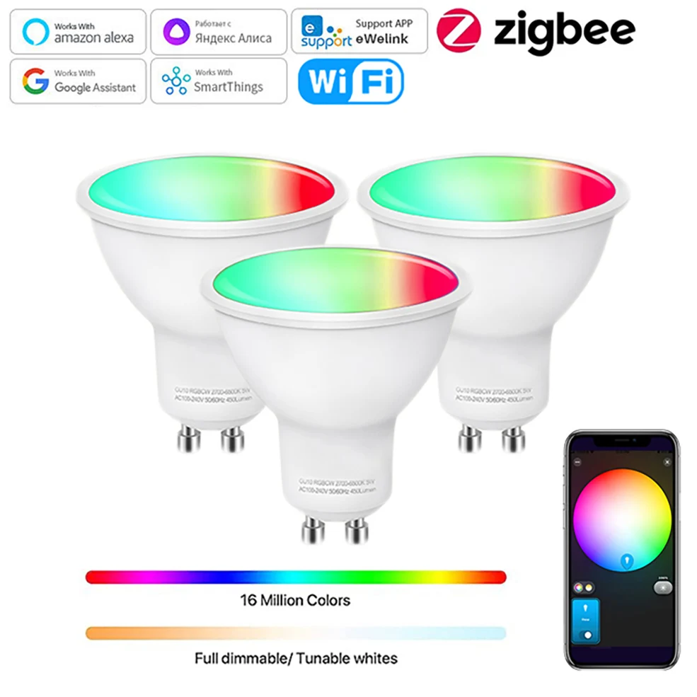Lampadine LED GU10 Zigbee Lampada LED intelligente Wifi RGB CW WW Lampadina LED Funziona con Alexa Google Yandex Smartthings