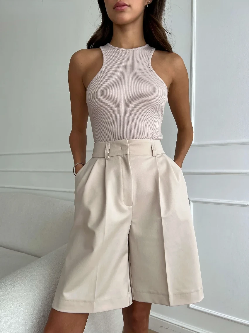 Wolfeel-pantalones cortos de cintura alta para mujer, Shorts informales holgados de pierna ancha, color sólido, Y2k