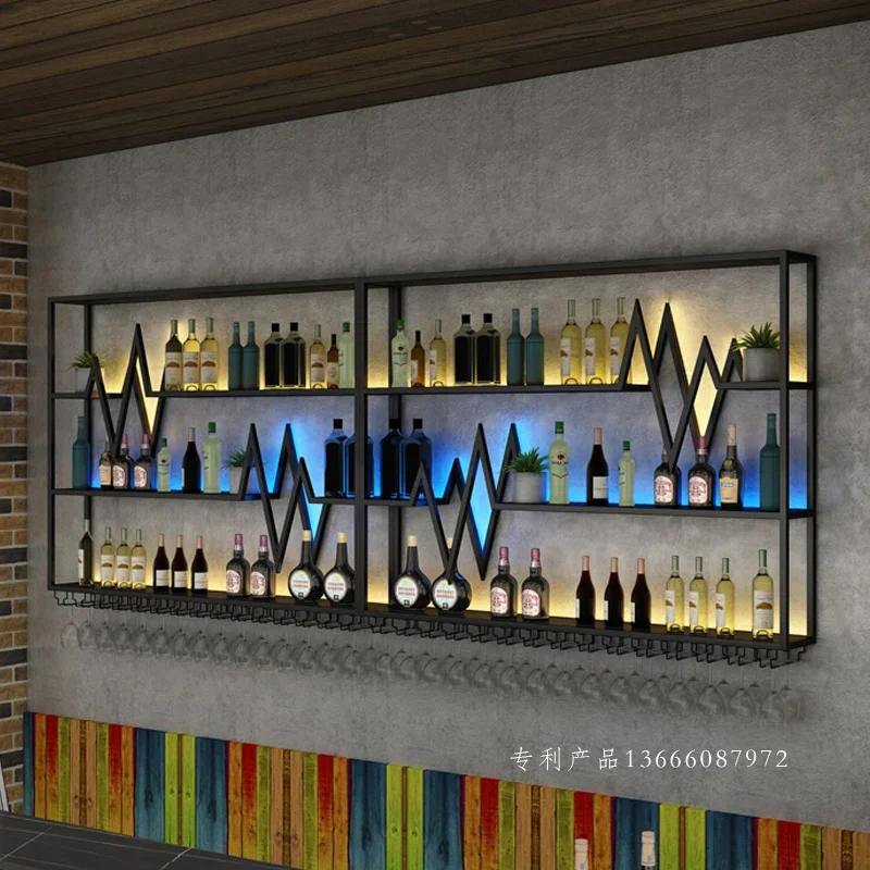 Bar rack de vinho tinto parede pendurado ferro forjado balcão parede retro decoração criativa prateleira luminosa restaurante contra a parede