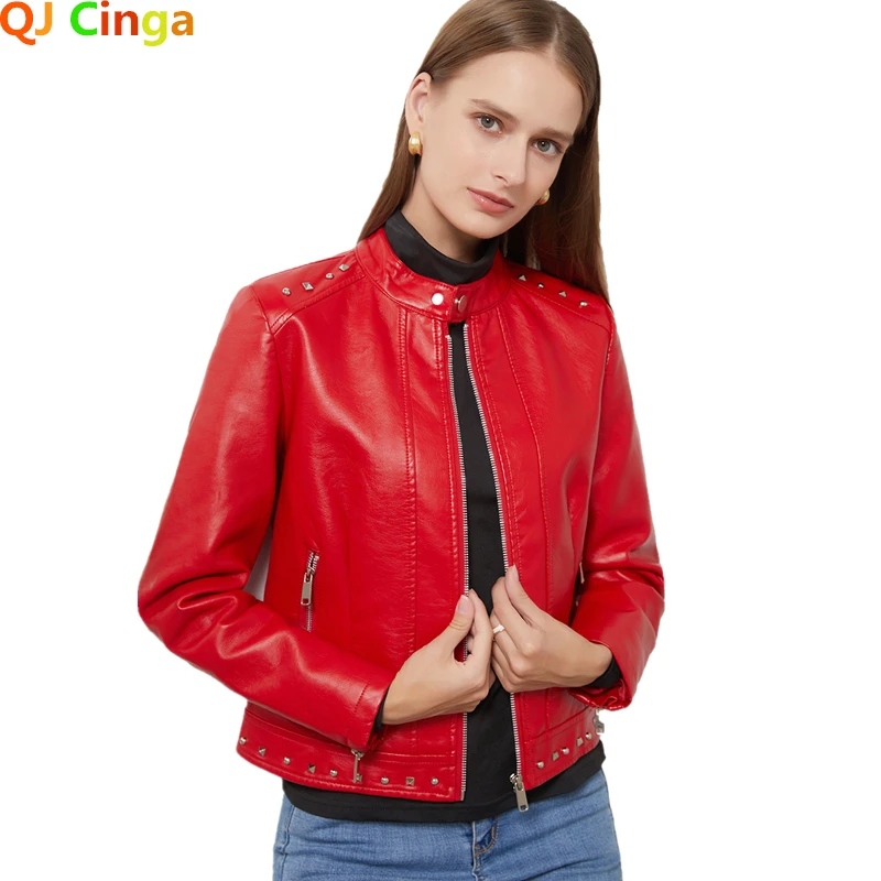 Herbst faux weiche pu lederjacken für frauen mäntel schwarz rot mode nieten schlank design langarm casual outwear S-5XL