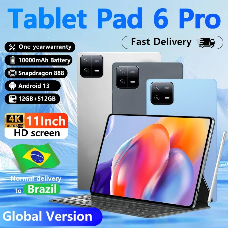Tablet PC Original HD 4K Pad 6 Pro com processador Snapdragon 888, 12GB + 512GB de memória e bateria de 10000mAh