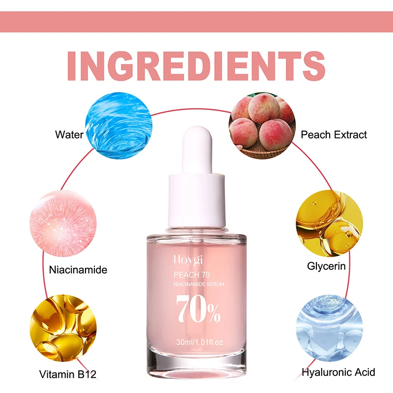 Pêssego 70% niacinamida soro 30ml hidratante evitar secura óleo essencial facial aumentando a elasticidade suave suavizar cuidados com a pele