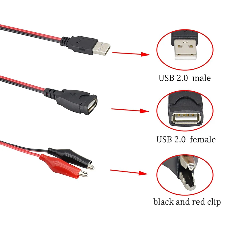 คลิปทดสอบจระเข้ CLAMP USB ชายและหญิงซ็อกเก็ตทดสอบ Connector แหล่งจ่ายไฟอะแดปเตอร์สายไฟ 50 ซม.สีแดงสีดํา