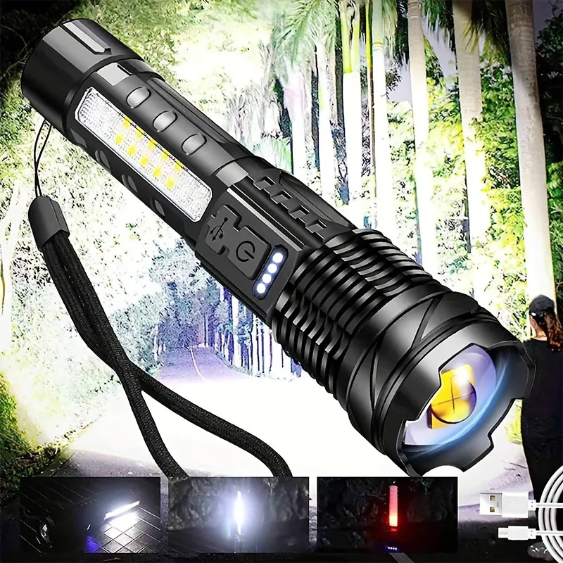 Linterna táctica con zoom XHP50 20000LM, recargable por USB, luz lateral COB, aleación de aluminio, resistente al agua, bisel de golpe