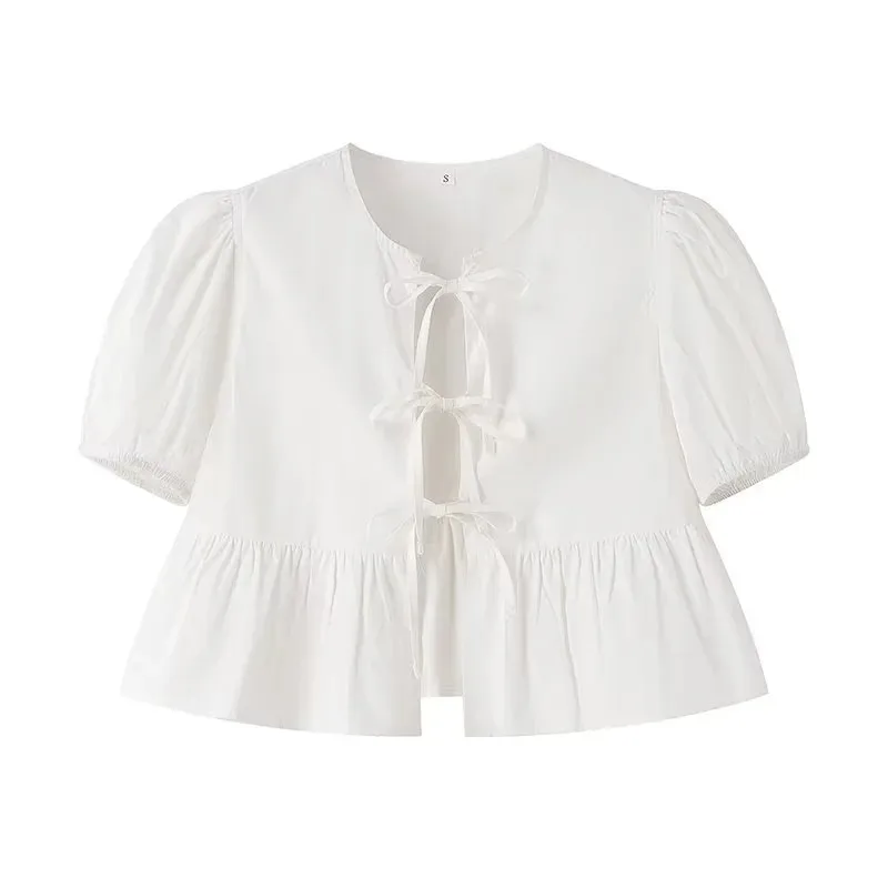 MUJER Top corto con stampa leopardata Camicette con volant con maniche a sbuffo Donna 2025 Camicie e camicette estive per donna Top da donna con volant