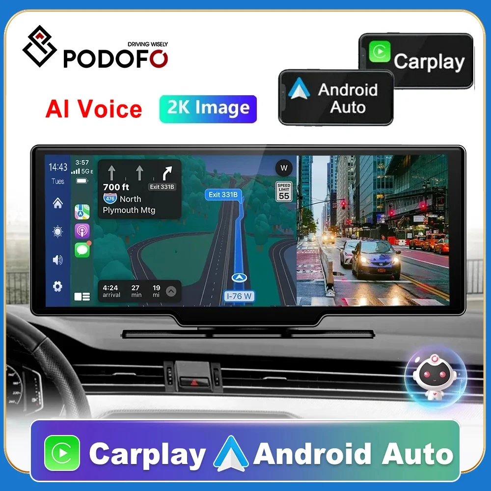 Podofo 10,26 "cámara de salpicadero 4K cámara de visión trasera inalámbrica Carplay Android Auto GPS con Control de voz tablero DVR Monitor de coche