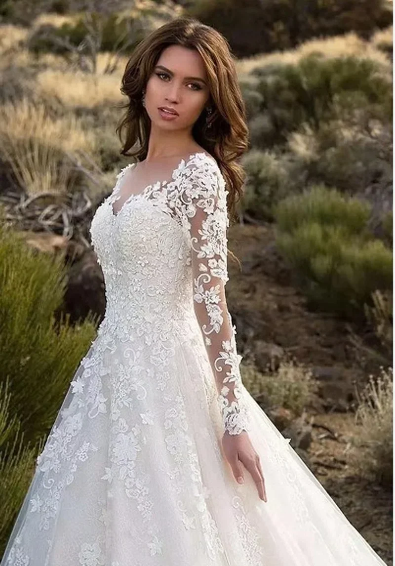 Vestido de encaje de manga larga con cuello en V para mujer, ropa de novia hasta el suelo, moda blanca, fiesta, iglesia, ropa Formal, vestidos elegantes