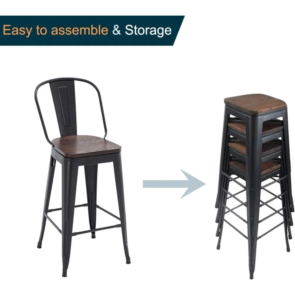 30" Swivel Metal Bar Stools Set of 4 High Back Counter Height Barstools Industrial Dining Bar Chairs with Large Wooden Seat-Mat