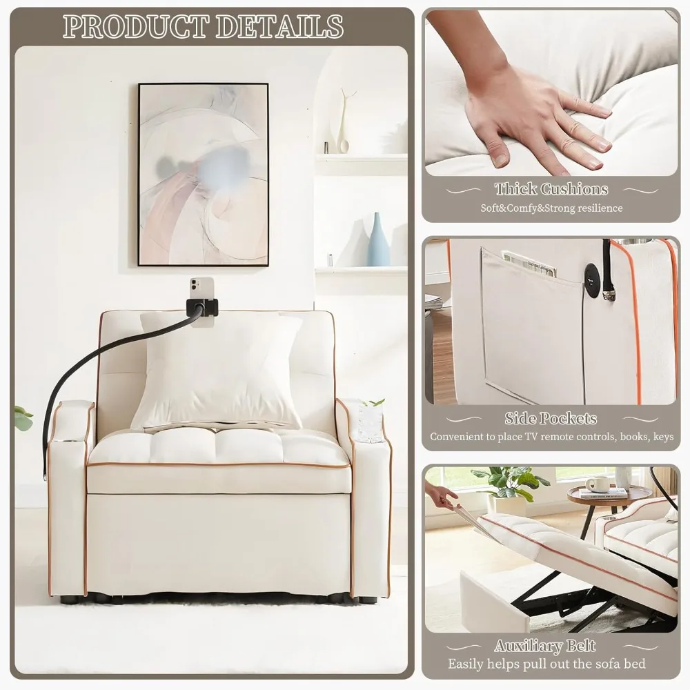Convertible Sleeper Chair Bed,3 in 1 Velvet Futon Sleeper Sofa Bed with Phone Holder&USB Ports,Pull Out Couch,Adjustable Recline