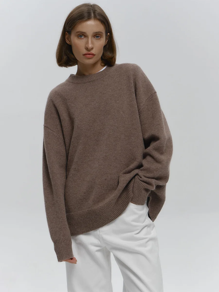 Bornladies Damen-Pullover mit O-Ausschnitt, übergroß, Herbst und Winter, dick, warm, locker, einfach, einfarbig, Strickpullover, lässiger Pullover