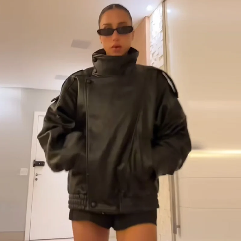 Elegante jaqueta de couro do plutônio gola solta manga comprida casaco legal casual chique versátil outerwear novo outono feminino streetwear