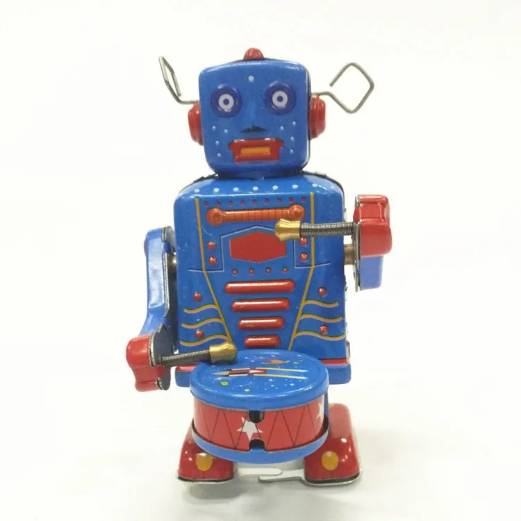 Robô de lata retrô de corda com tambor de gongo, brinquedo mecânico clássico para coleção de presentes de Natal para crianças e brincadeiras divertidas