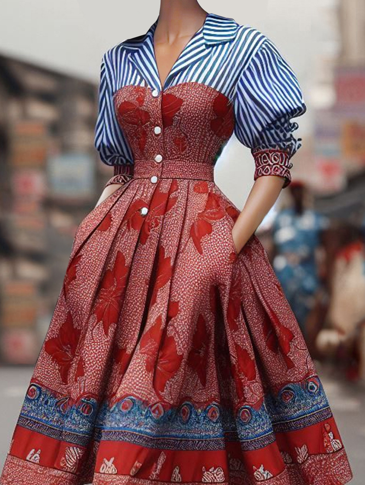 Elegantes Damenkleid, gestreift, Blumenmuster, Patchwork, Umlegekragen, Hemd, mittellang, tailliert, Abendpartykleid, Damen-Midikleid